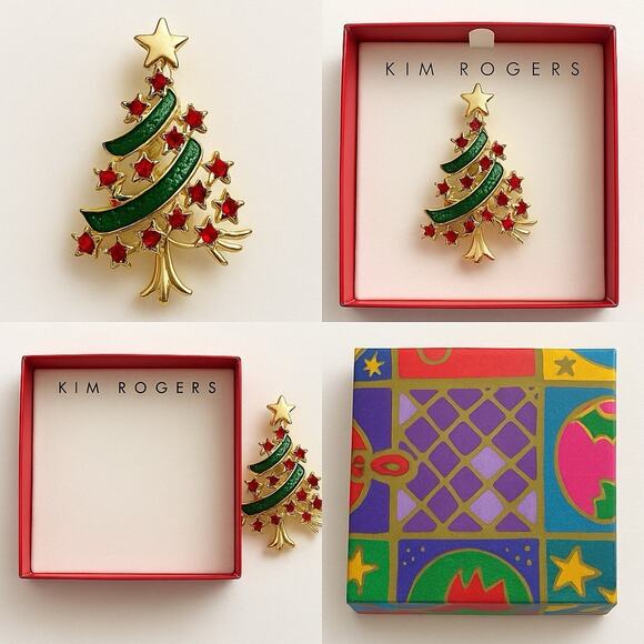 Kim Rogers Christmas Tree Pin Gold Tone Rhinestone Stars Holiday Brooch Boxed - Picture 1 of 4
